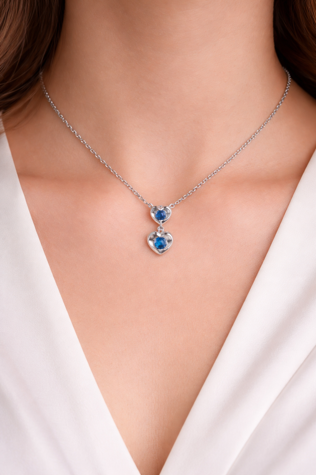 Sapphire Heart Necklace With Diamond Solid White Gold 18" 46cm Length Chain