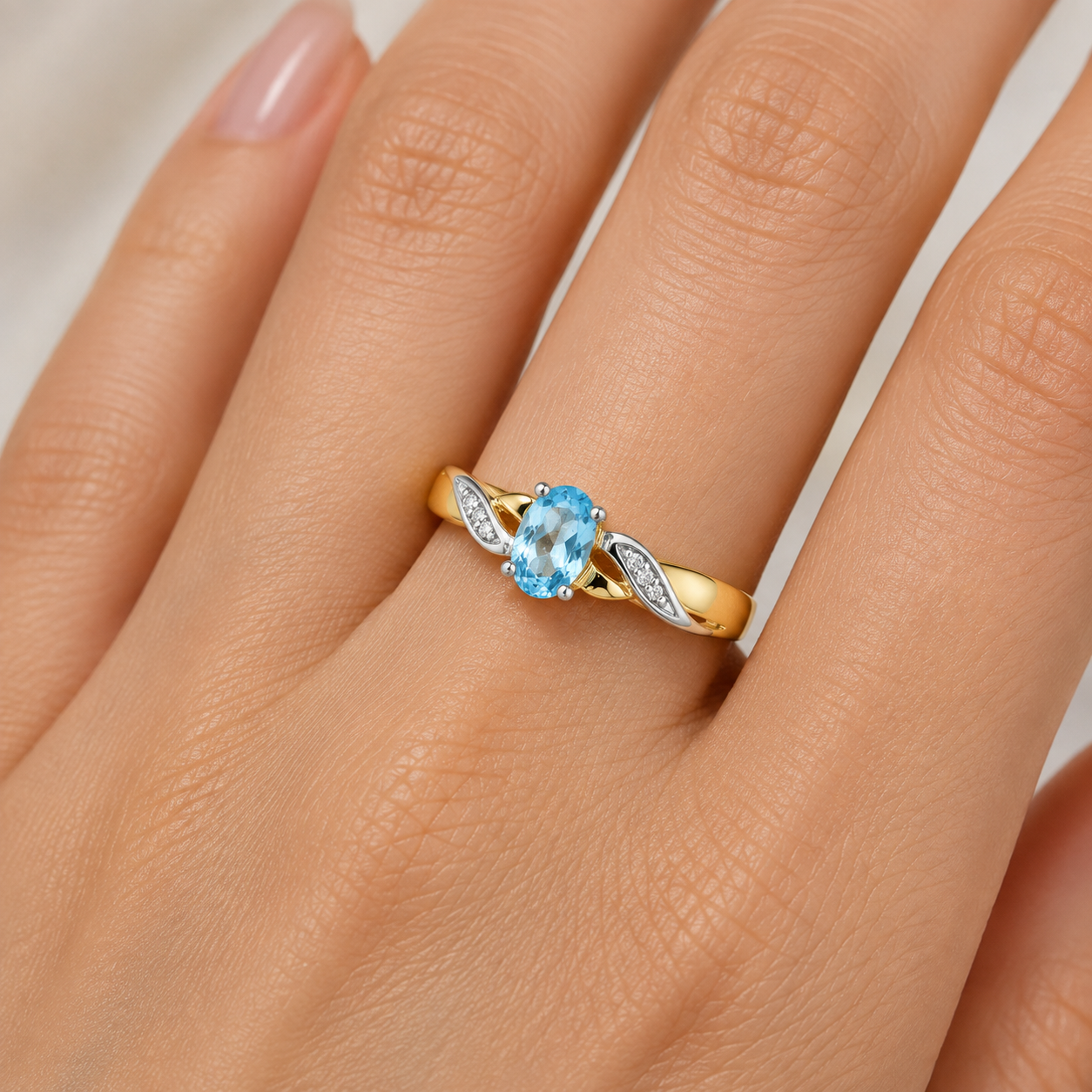 Blue Topaz & Diamond Oval Gemstone Ring Two Tone Yellow & White Gold