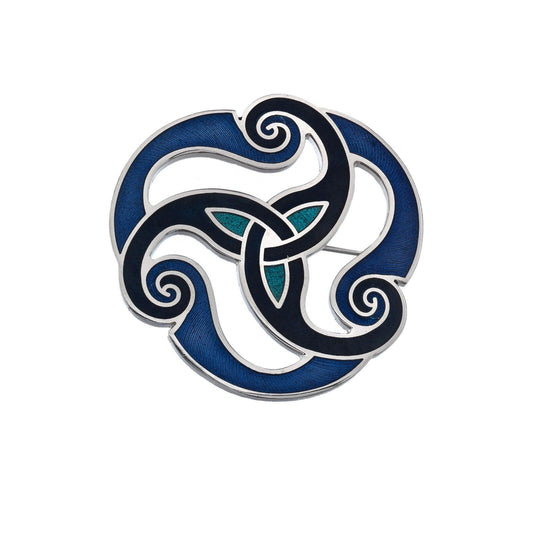 Blue Celtic Triskele Brooch Silver Plated Brand New Gift Packaging