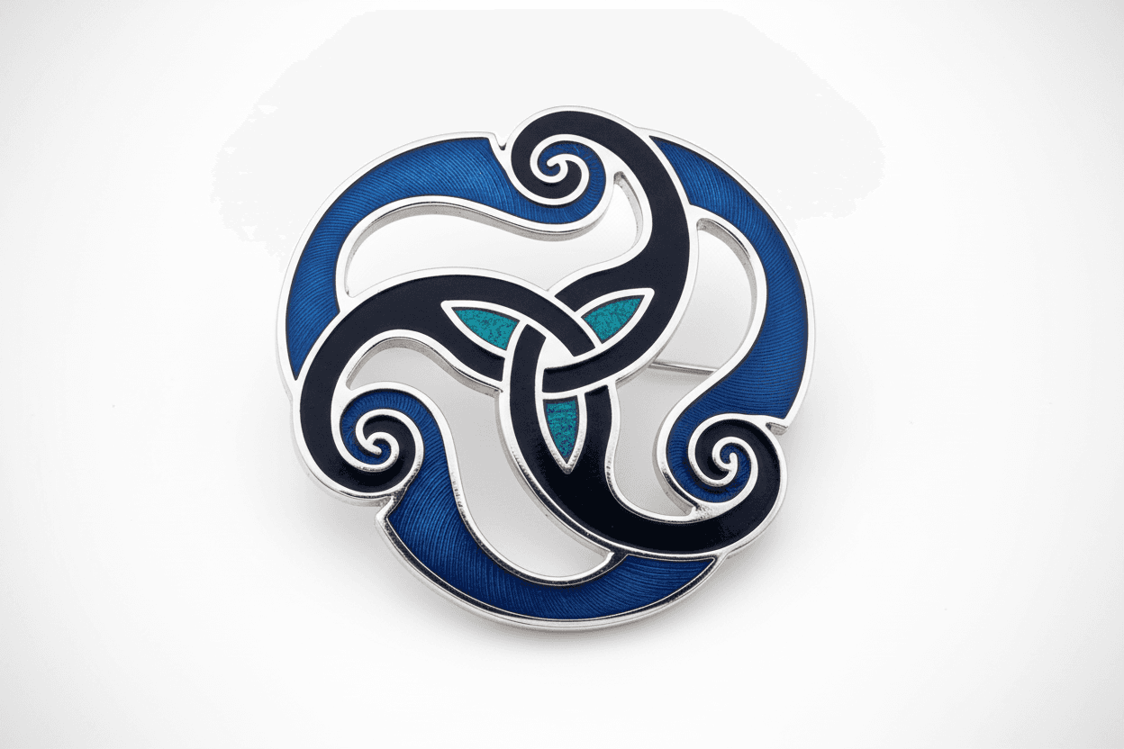 Blue Celtic Triskele Brooch Silver Plated Brand New Gift Packaging