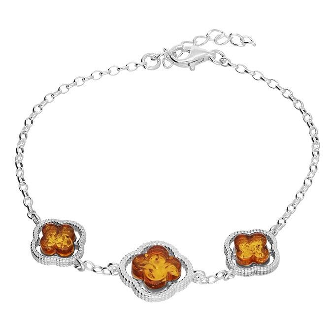 Cognac Amber Trio of Clover Bracelet Solid Sterling Silver 925 21cm
