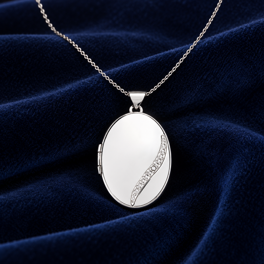 White Gold Oval Locket Real Diamond 18" Chain Photograph Keepsake Hallmarked