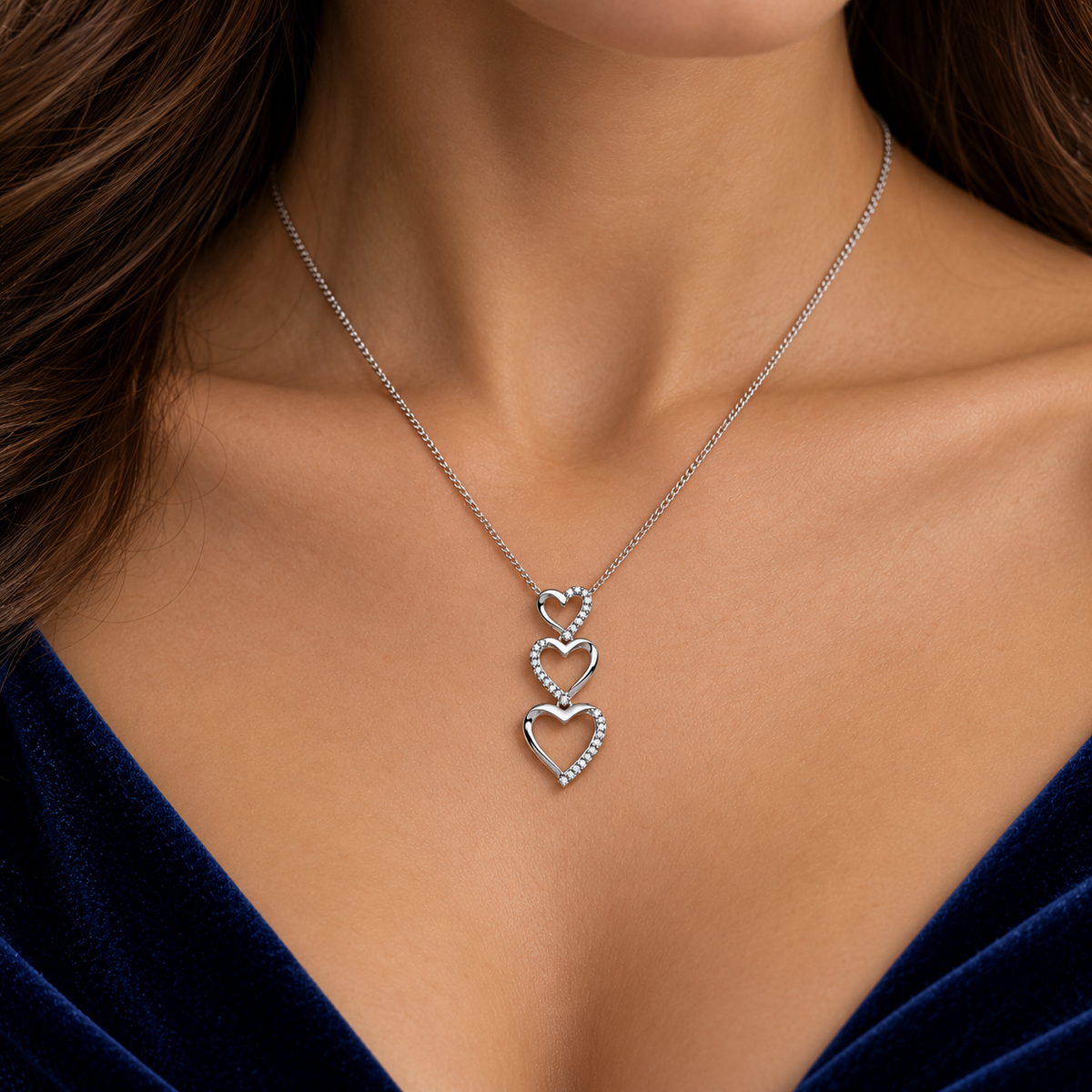 Diamond Three Heart Pendant 9ct White Gold 18" Chain 0.15ctw of Real Diamonds