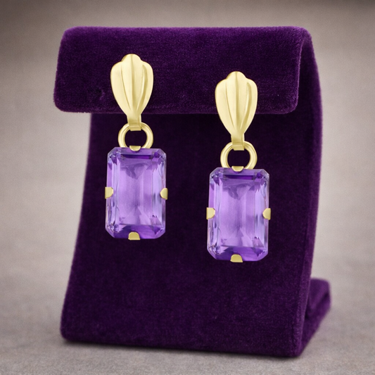 Natural Amethyst Drop Earrings Solid 9ct Yellow Gold Emerald Cut Hallmarked