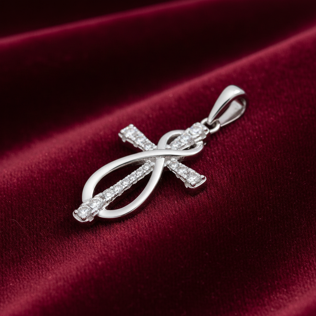 Sterling Silver Infinity Cross Pendant  925 Hallmark Rhodium Finish 29mm
