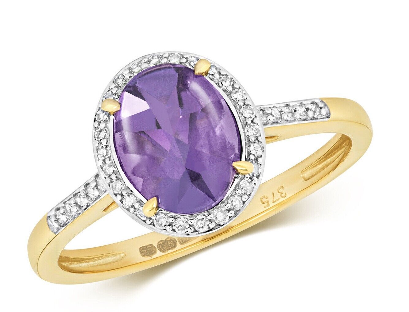 9ct Yellow Gold Amethyst and Diamond Ring Oval Cut Cluster 1.48ctw Size J - Q