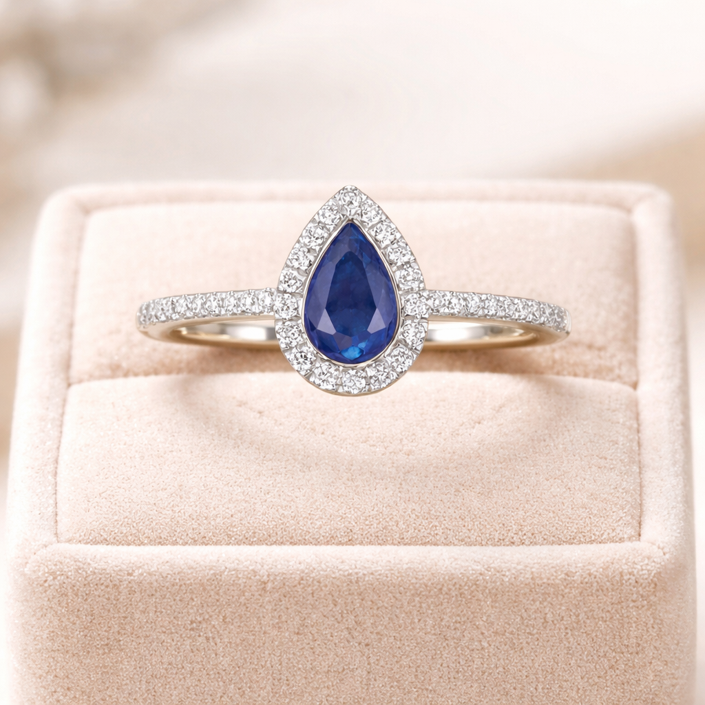 Sapphire and Diamond Pear Ring 9ct White Gold Teardrop Cluster Size J - Q