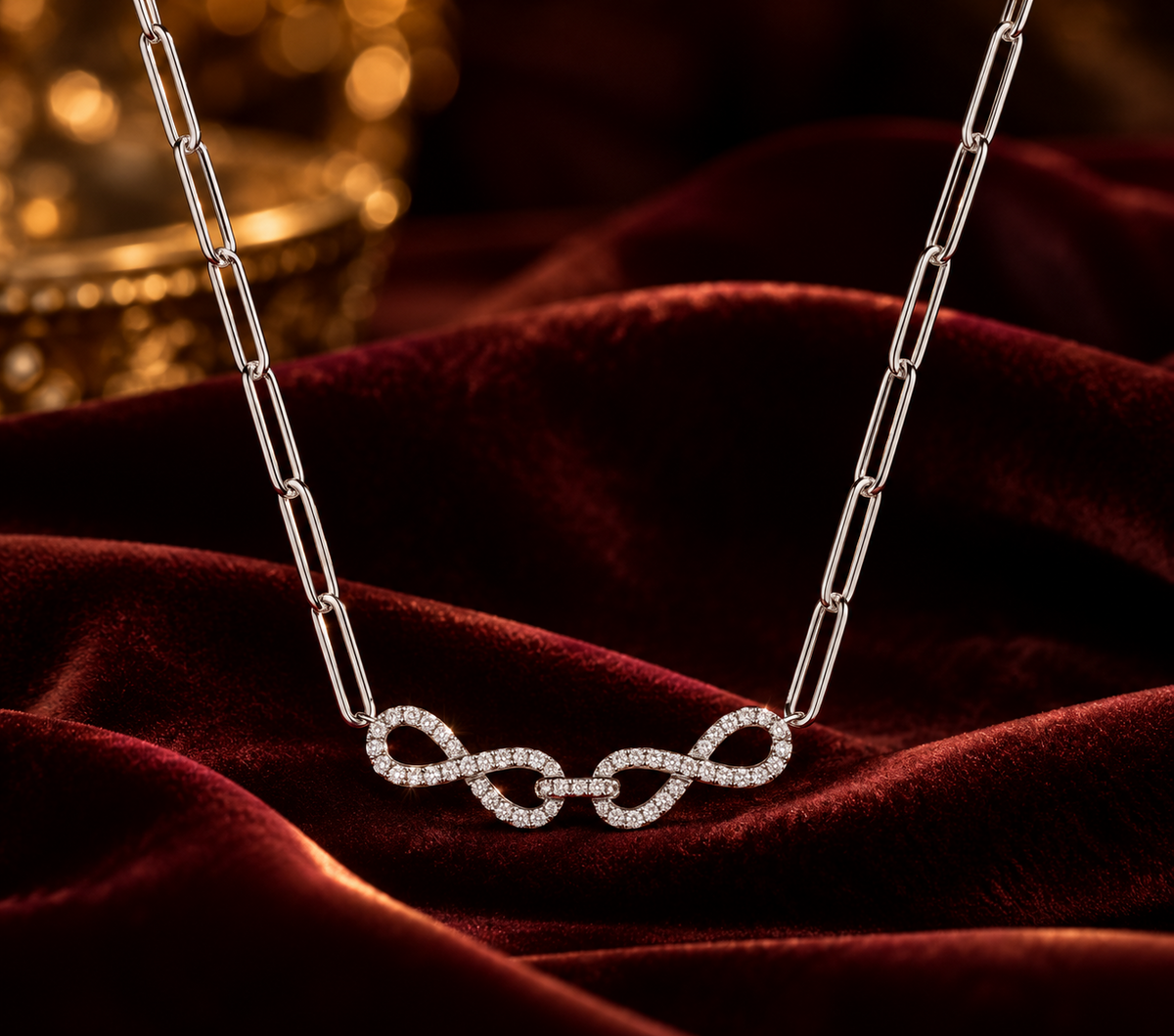 White Gold Infinity Necklace Sparkling Diamond Pendant Paperclip Chain 18"/45cm