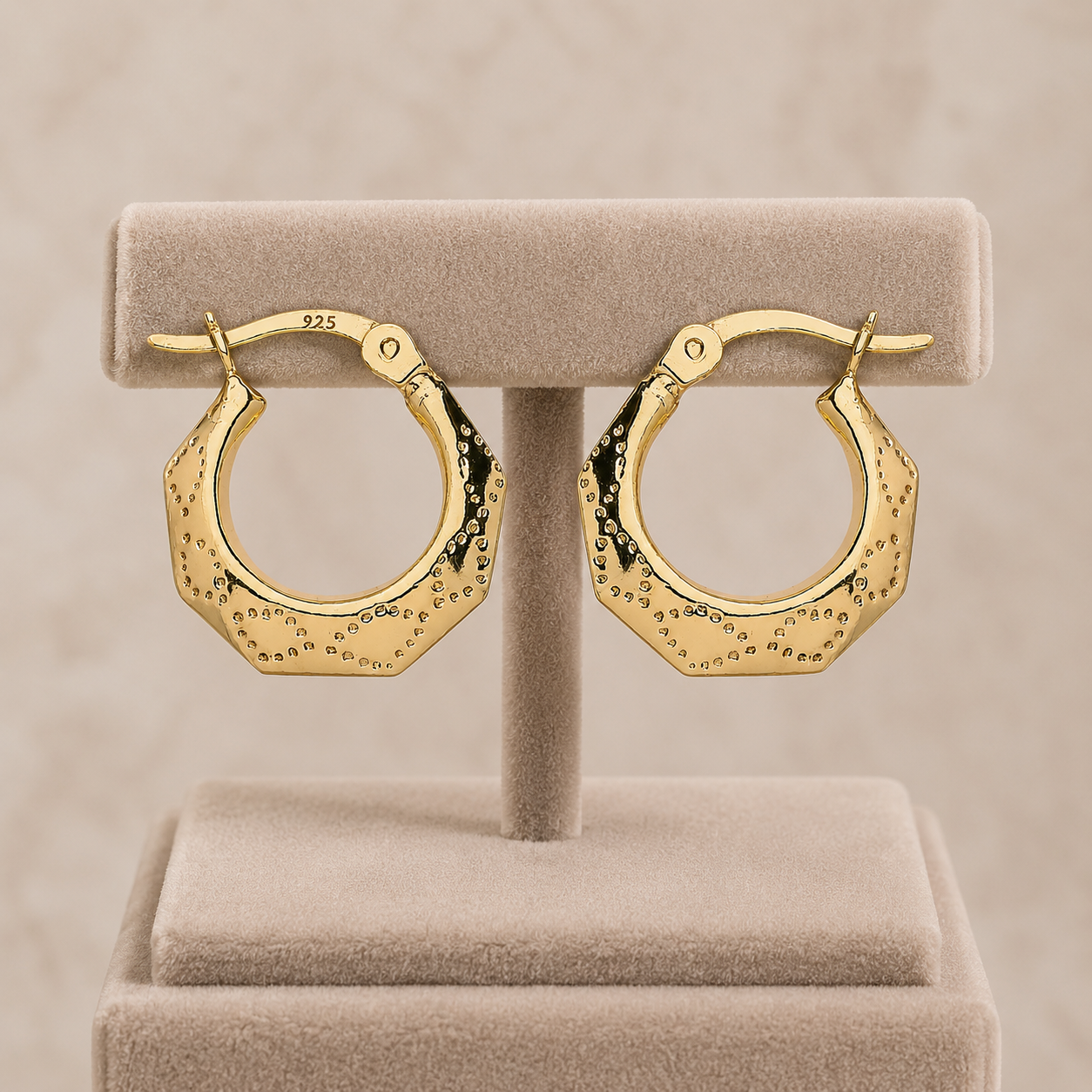 18ct Gold Hexagon Creole Hoop Earrings on Sterling Silver 925 15mm Diameter