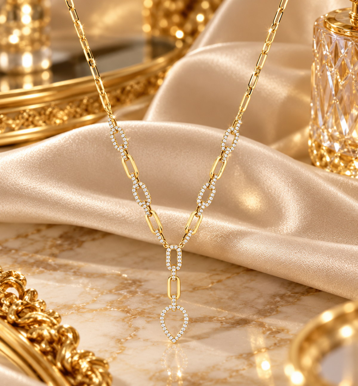 18ct Gold Paperclip Chain Y Necklace with Diamond Teardrop Pendant Lariat