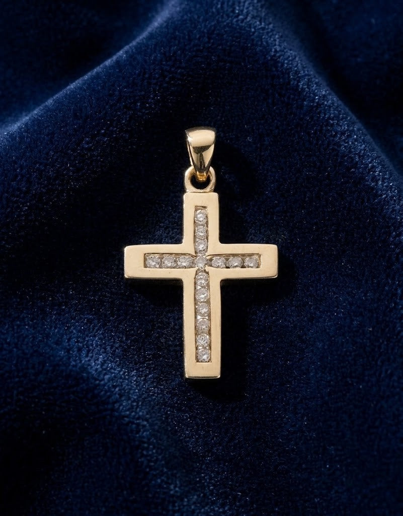 Yellow Gold Diamond Cross Pendant & 18" Curb Chain Necklace Hallmarked Gift