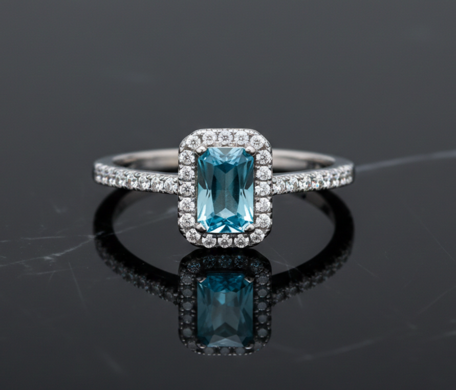 Sterling Silver Blue Topaz Ring Halo Cluster Engagement 925 Hallmark Size K-S