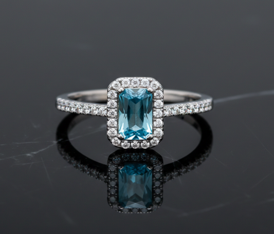 Sterling Silver Blue Topaz Ring Halo Cluster Engagement 925 Hallmark Size K-S