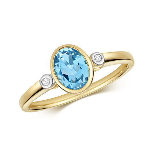 Blue Topaz and Diamond Ring 9ct Yellow Gold Oval Solitaire Real Stones Size J-Q
