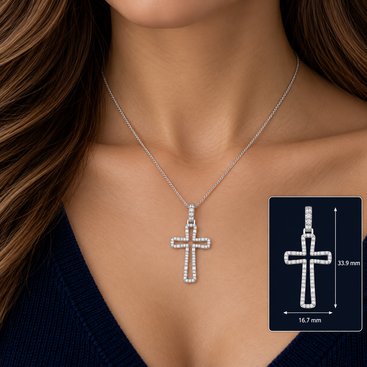 Real Diamond Open Cross Pendant 9ct White Gold 18" Chain 0.40tw Mined Diamond