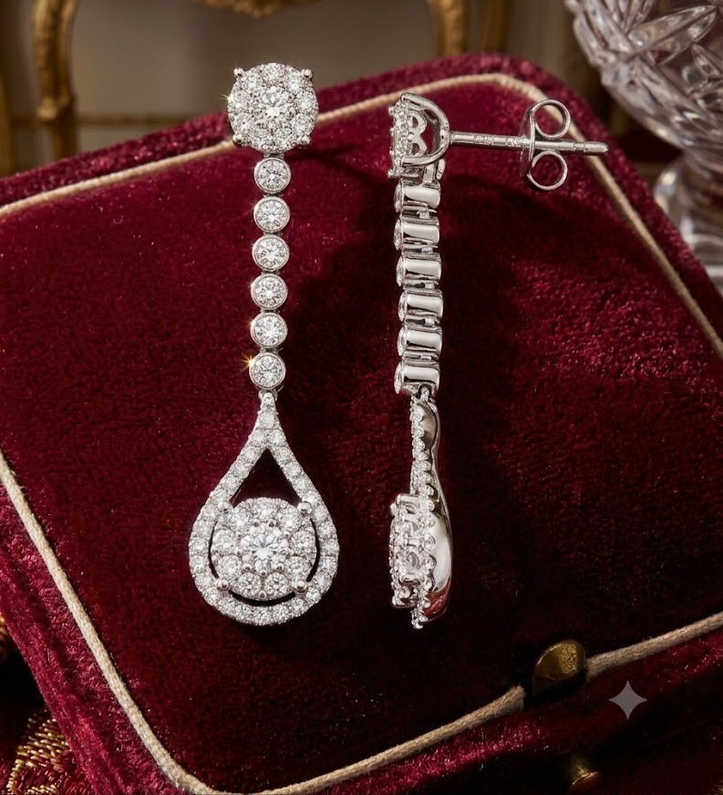 Diamond Cluster Drop Earrings 18ct White Gold Teardrop Dangle Halo Pierced