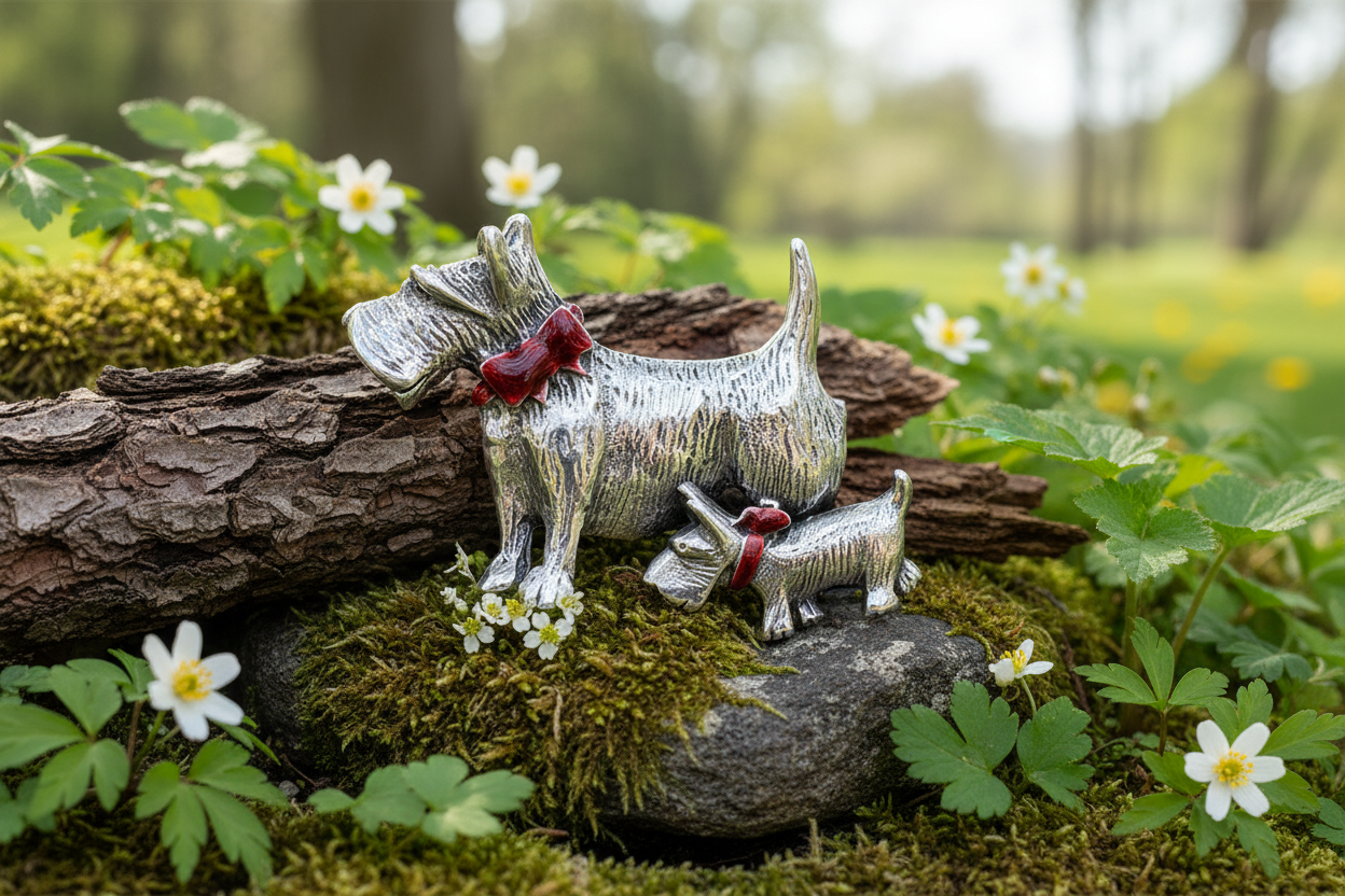 Scottie Dogs with Red Collars Brooch Solid 925 Sterling Silver