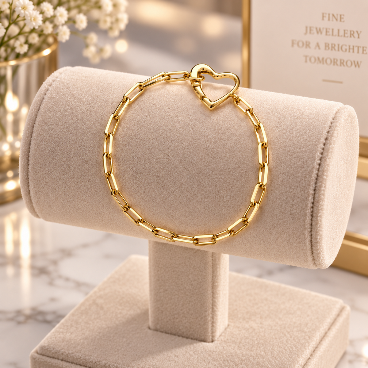 18ct Gold Paperclip Chain Bracelet Open Heart Clasp on Sterling Silver 925
