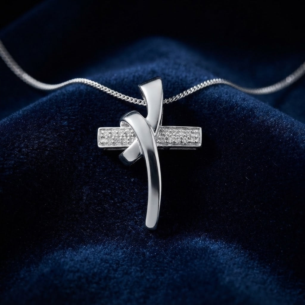 Natural Diamond Ribbon Cross Pendant 9ct White Gold 18" / 45cm Chain