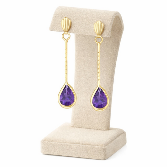Natural Amethyst Pear Earrings Solid 9ct Yellow Gold Stick Drops Hallmarked