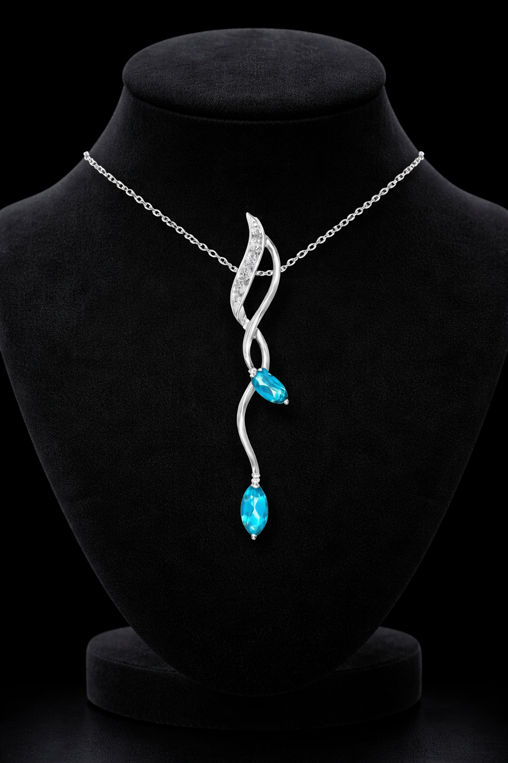 9ct White Gold Blue Topaz Necklace With Diamonds 18" 46cm Length Chain