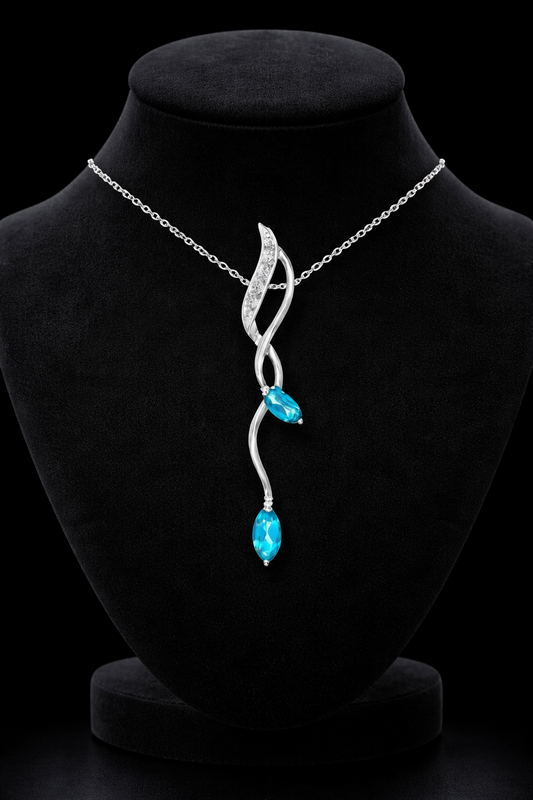 9ct White Gold Blue Topaz Necklace With Diamonds 18" 46cm Length Chain