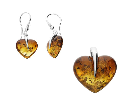 Ombre Amber Large Heart Pendant and Earrings Set Solid Sterling Silver 925