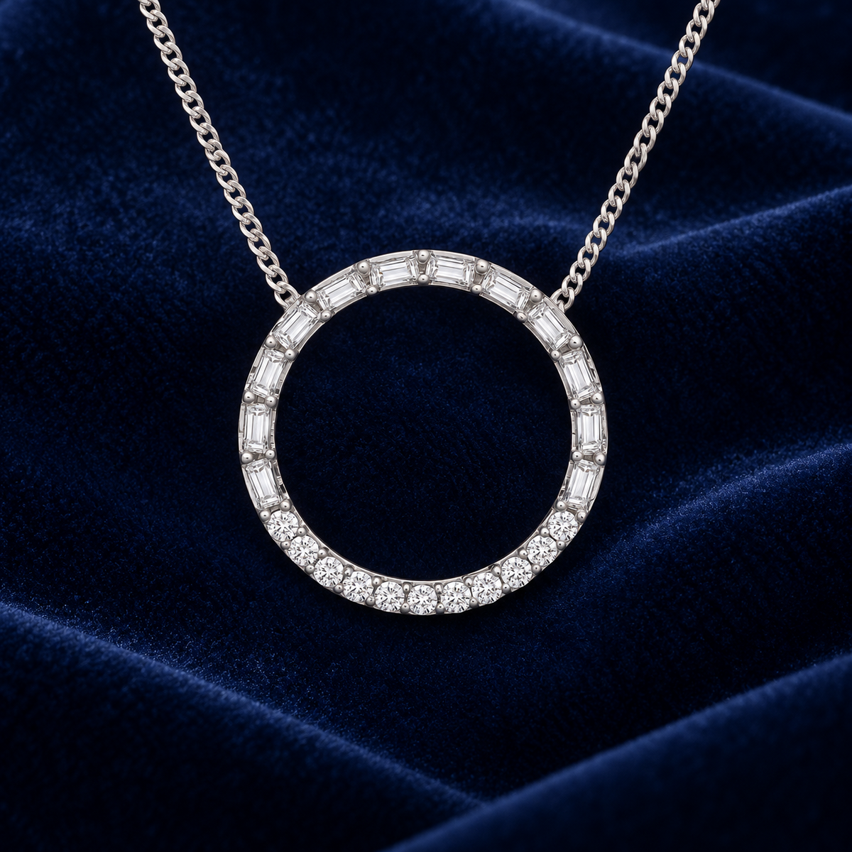 Baguette Diamond Circle Pendant 18ct White Gold 18" Chain 0.35ctw Real Diamonds
