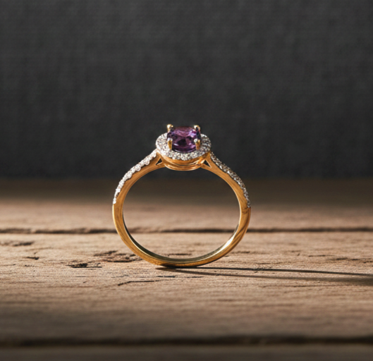 18ct Yellow Gold Amethyst Ring Halo on Sterling Silver 925 Hallmark Size K-S