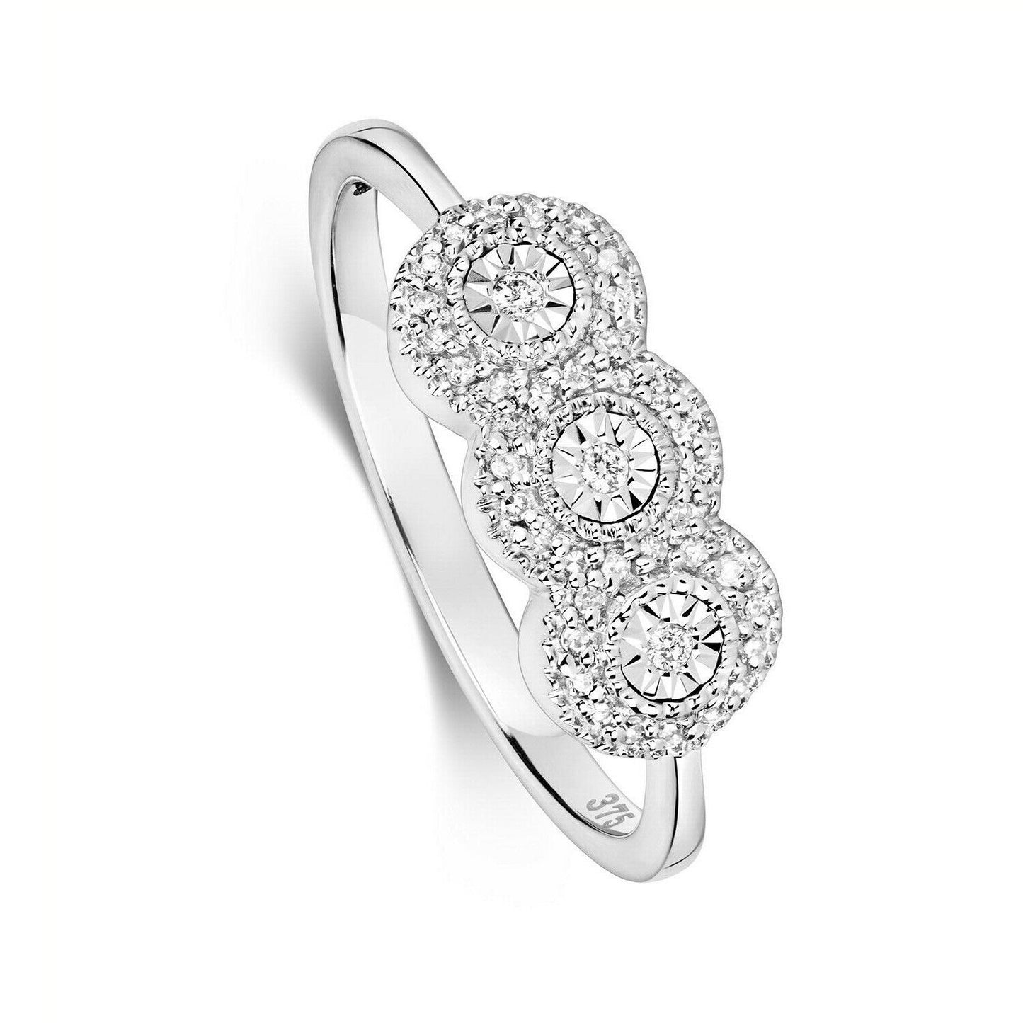 Real Diamond Ring Three Stone Cluster Engagement Solid White Gold