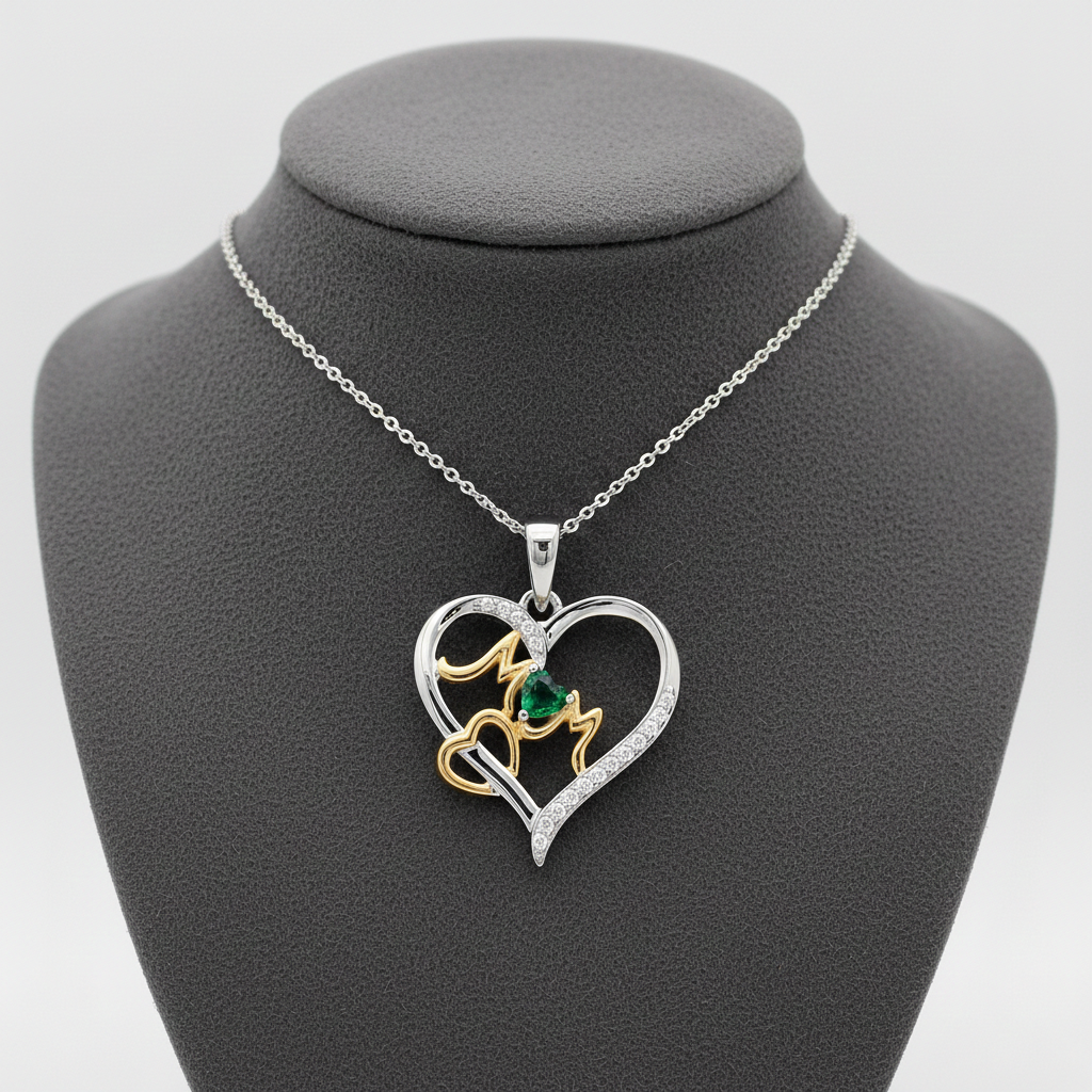 Emerald Mum Heart Pendant Solid Sterling Silver 925 Hallmark Yellow Gold Detail