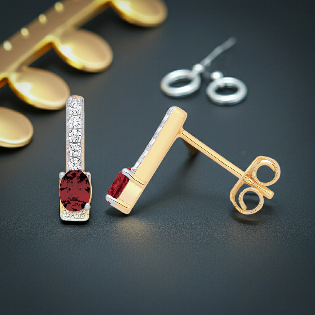 18ct Gold Ruby Drop Stud Earrings on Solid Sterling Silver 925 Hallmark