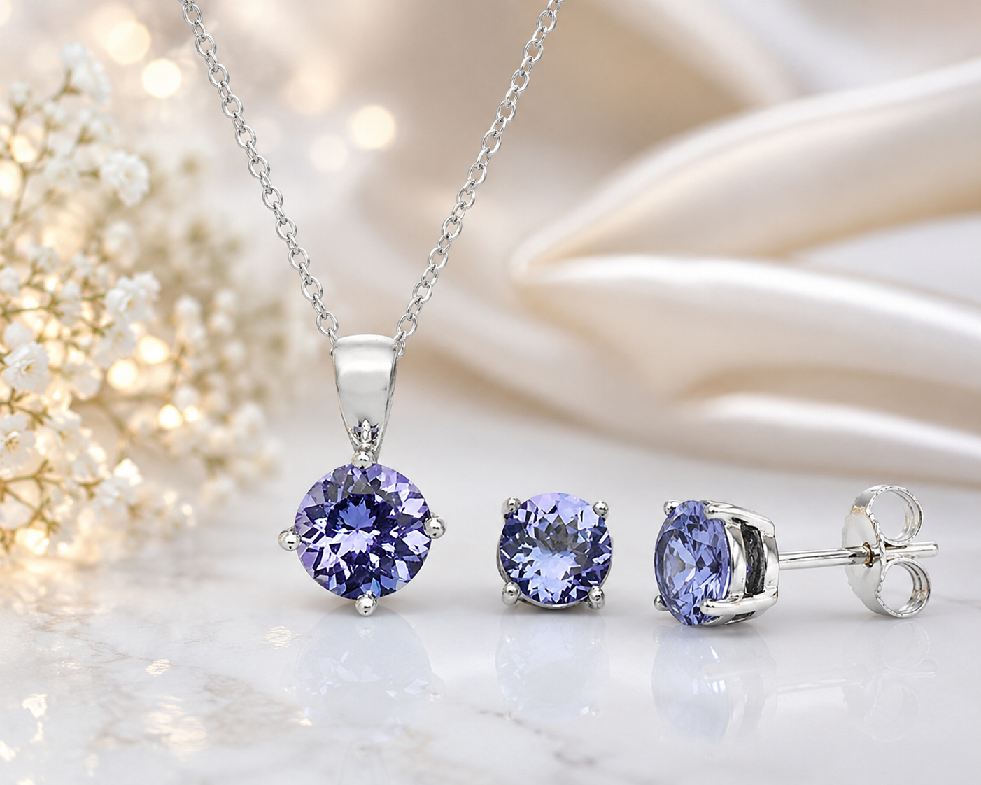 Natural Tanzanite Jewellery Set – 5mm Pendant & Stud Earrings Solid White Gold