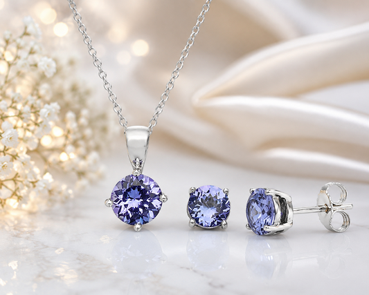 Natural Tanzanite Jewellery Set – 5mm Pendant & Stud Earrings Solid White Gold
