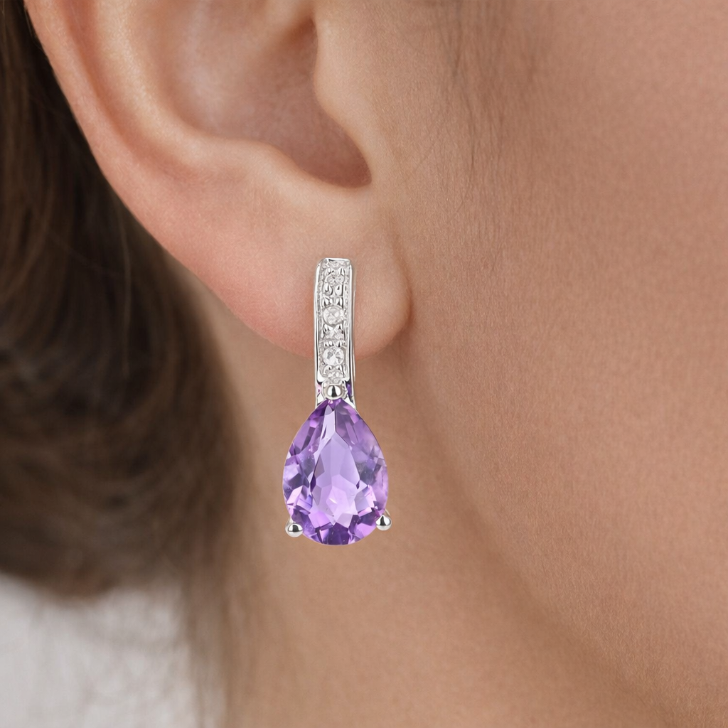 Natural Amethyst and Diamond Earrings Solid 9ct White Gold Drops Hallmarked
