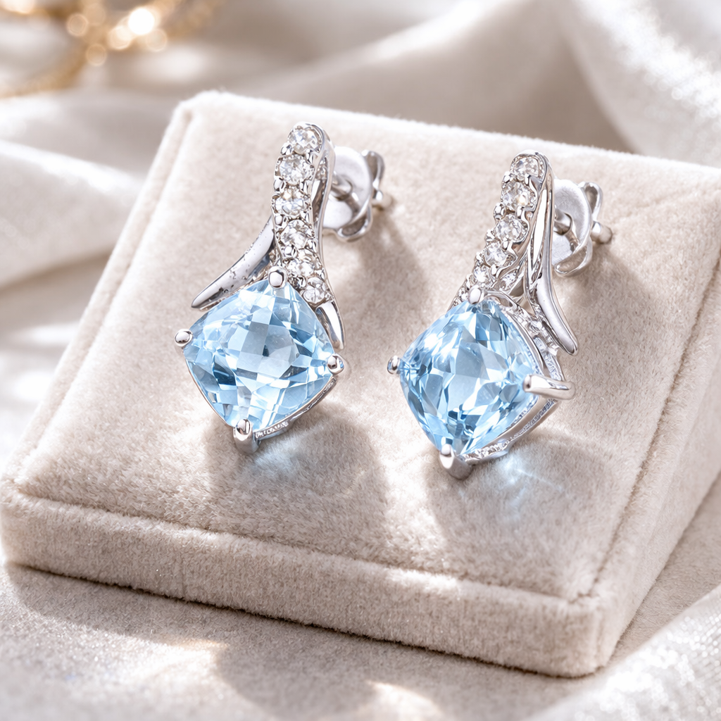Natural Blue Topaz and Diamond Earrings Solid White Gold Cushion Drop Hallmarked