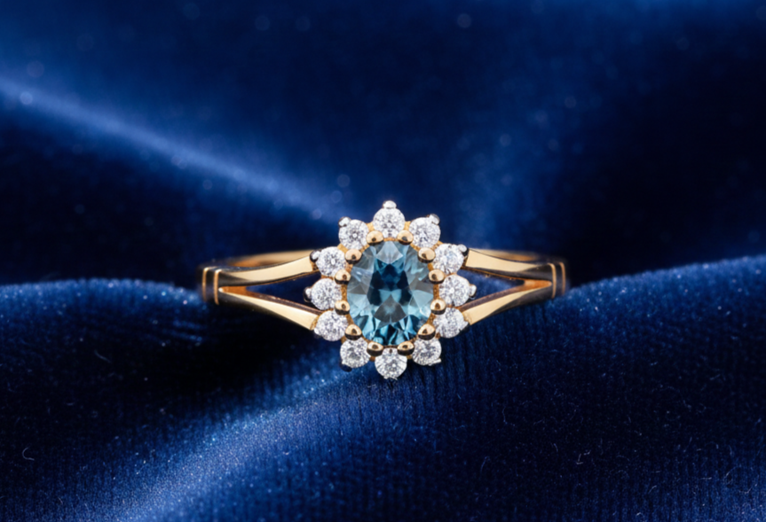 18ct Gold Aquamarine Ring Oval Cluster on Sterling Silver 925 Hallmark Size K-S