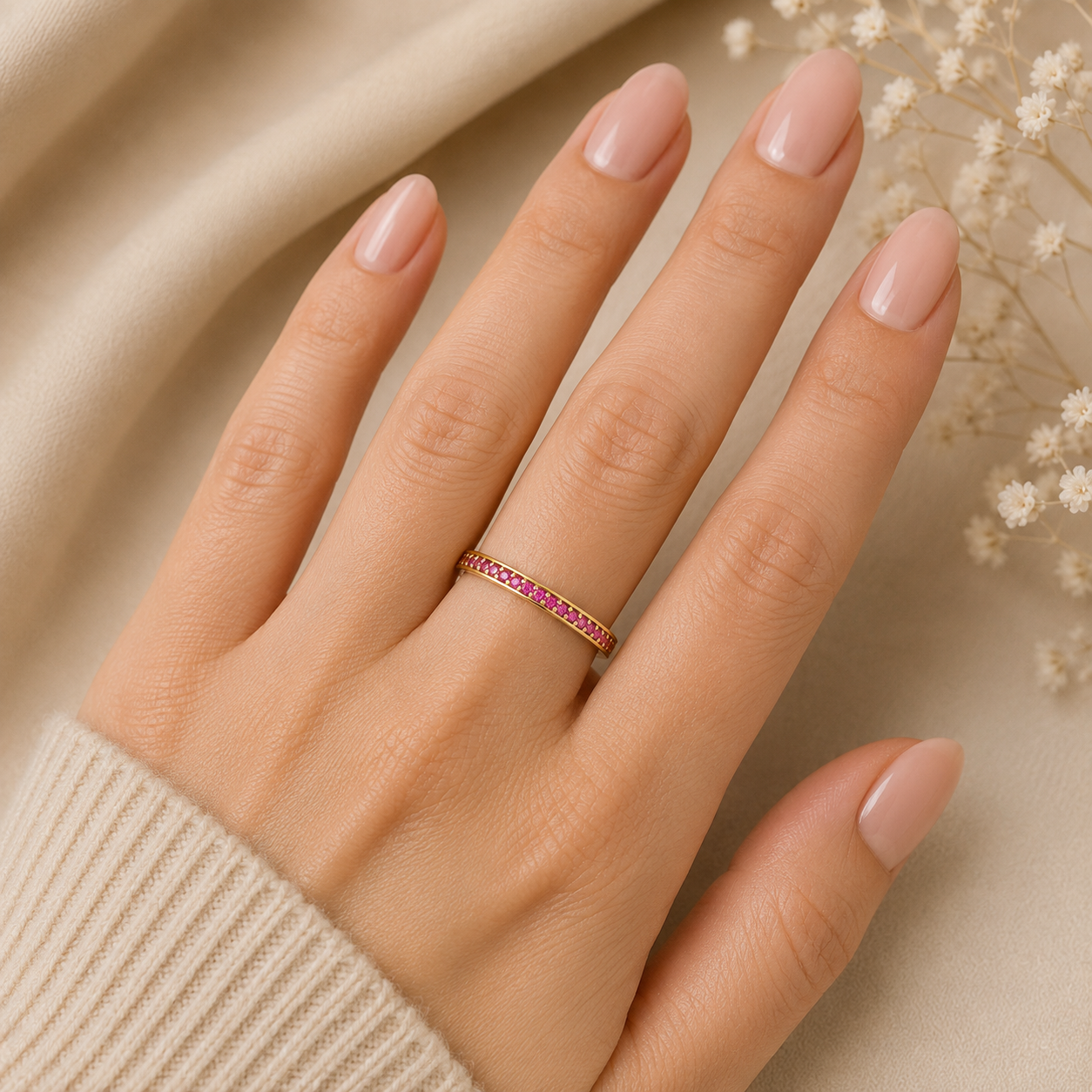 9k Yellow Gold Ruby Half Eternity Stackable Ring Hallmarked Sizes KLMNOPQRS