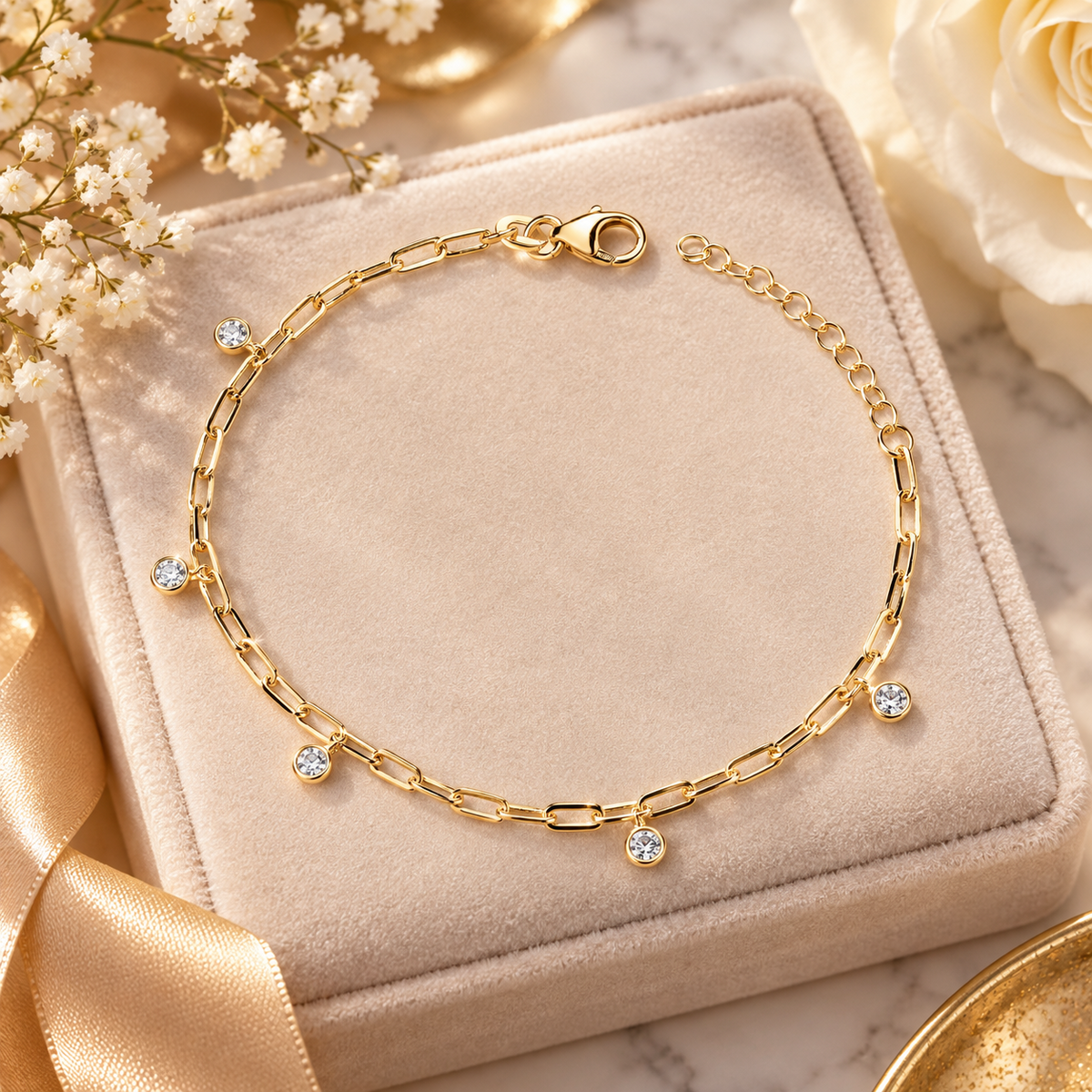 18ct Gold Paperclip Chain Bracelet with Zircon Dangle Charms on Solid Silver 925
