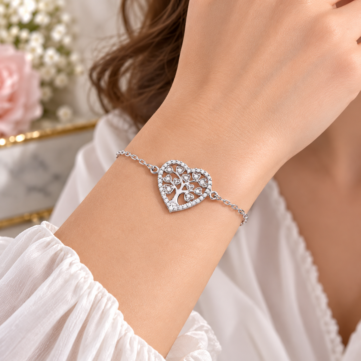Sterling Silver Heart Tree of Life Bracelet Clear Gemstone Charm 925 Hallmark