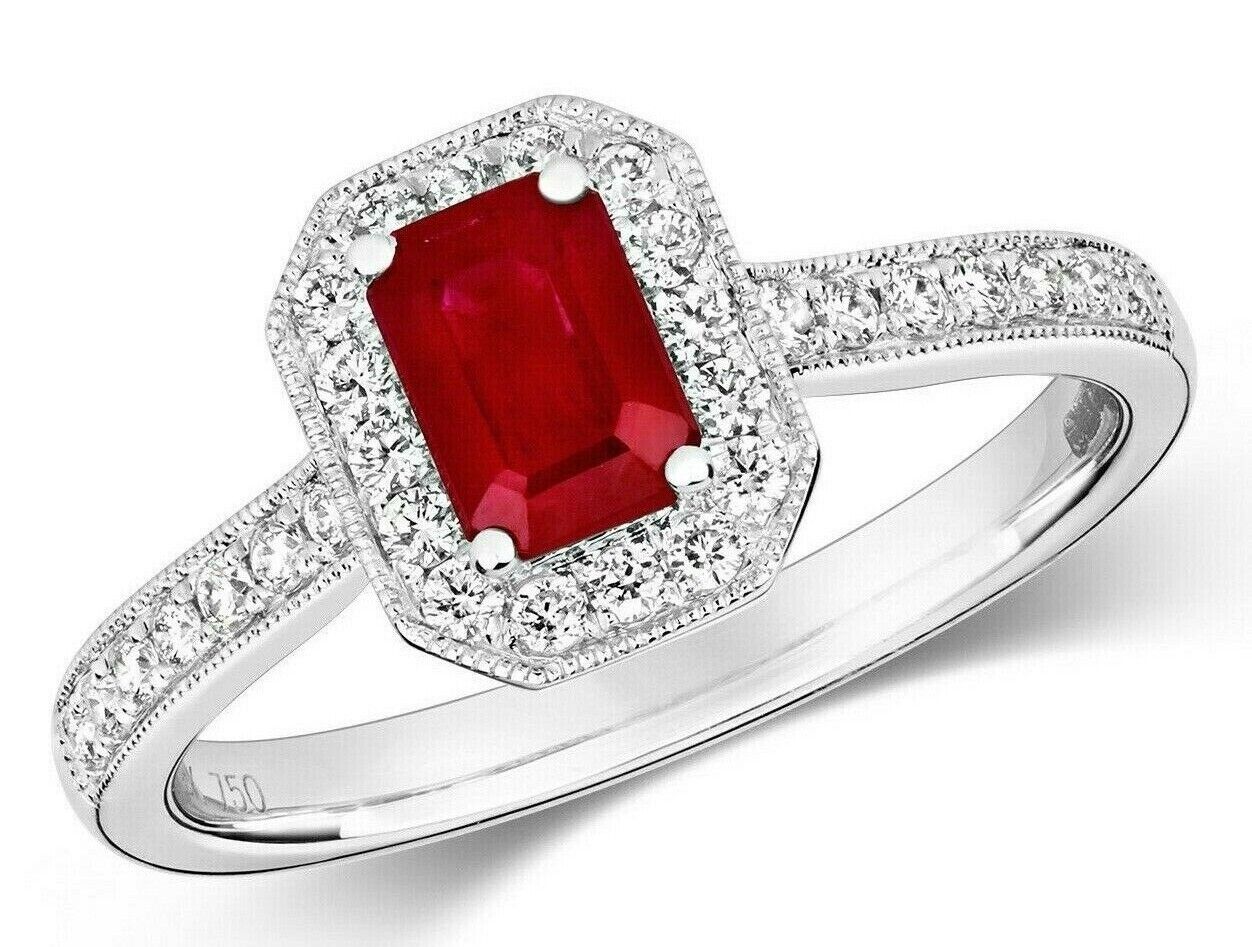 Real Ruby and Diamond Ring 18ct White Octagon Cluster
