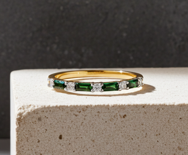 18ct Gold Emerald Baguette Eternity Ring on Solid Sterling Silver 925 Hallmark