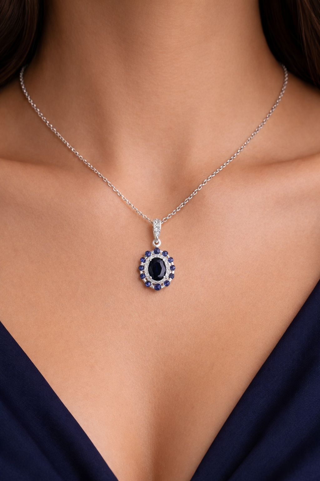Real Sapphire Halo Pendant With Diamond Solid White Gold 16" 41cm Length Chain