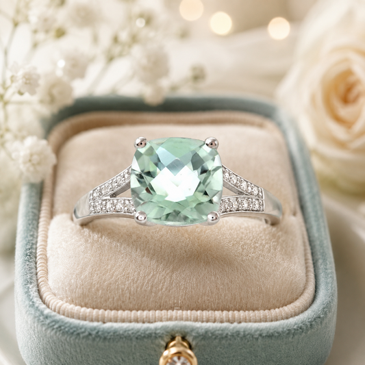 Cushion Cut Green Amethyst & Diamond Split Shank Ring Solid White Gold Size J-Q