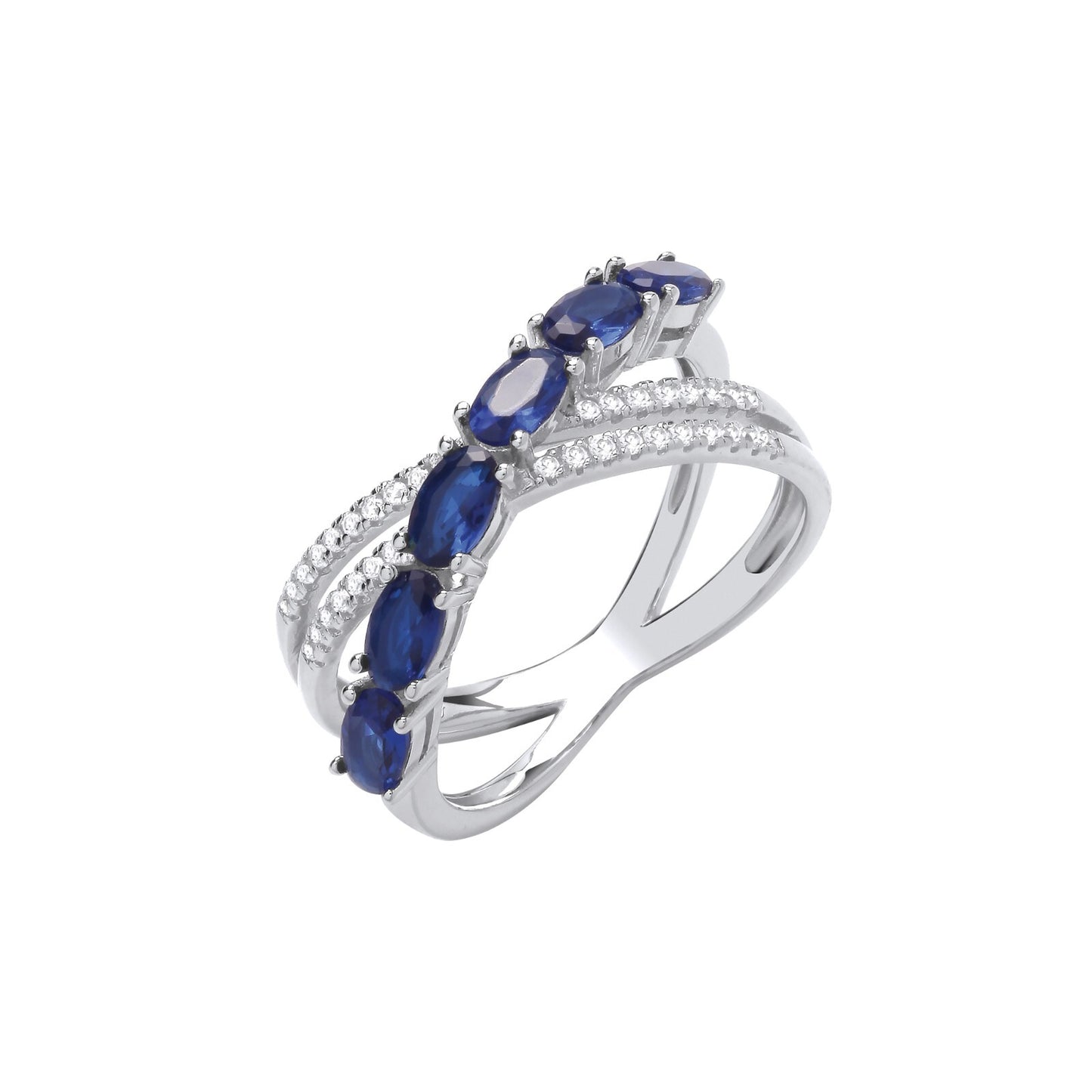 Sterling Silver Cross Over Sapphire Ring Size J-Q British Made 925 Hallmark