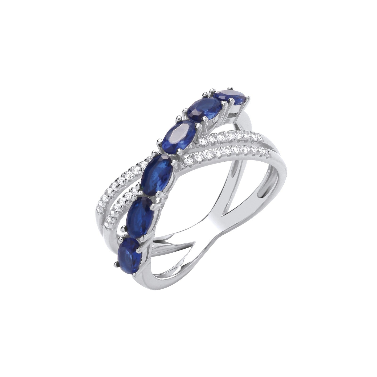 Sterling Silver Cross Over Sapphire Ring Size J-Q British Made 925 Hallmark