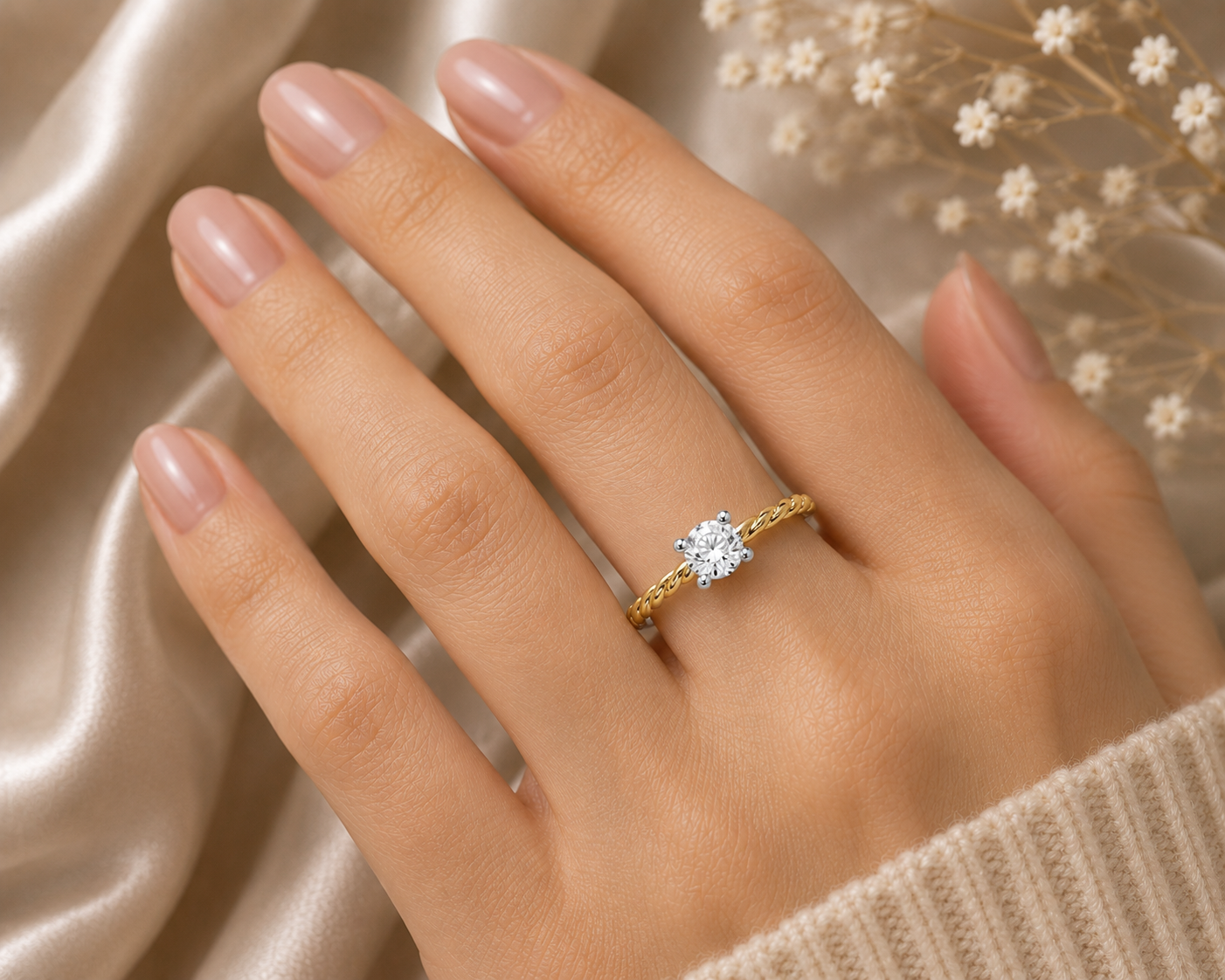Elegant Two-Tone Twisted Solitaire Ring 18ct Yellow Gold on Solid Silver 925
