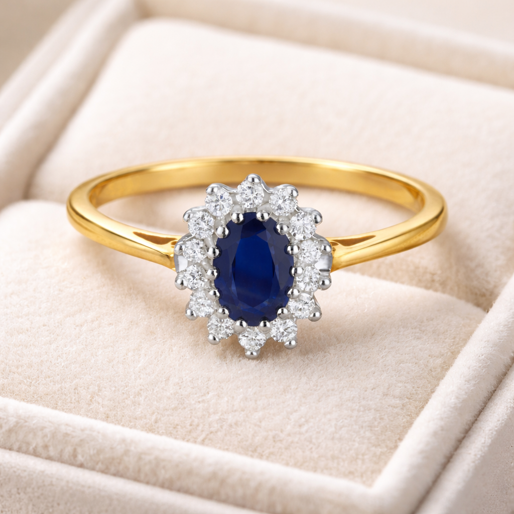 Sapphire and Diamond Ring 9ct Yellow Gold Oval Cluster Size J K L M N O P Q