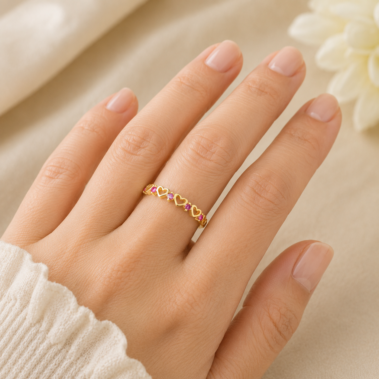 9k Yellow Gold Ruby Heart Eternity Stacking Band Ring Sizes KLMNOPQRS Hallmarked