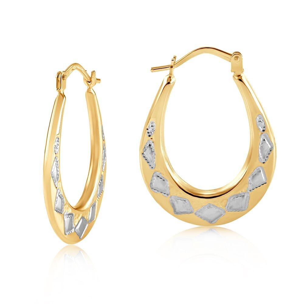 Two Colour Gold Oval Hoop Earrings Hallmarked Yellow and White Gold Diamond Cut